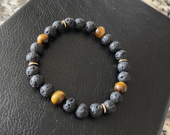 Lava Stone Bracelet, Orange Tigereye Bracelet, Tigereye Bead Bracelet, Black Lava Bracelet, Diffuser Bead Bracelet, 8mm Beaded Bracelet