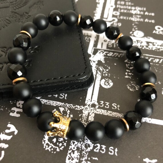 STONE BEAD BRACELET 8 MM MATTE BLACK W/GOLD STONE BEAD BRACELET 8 MM MATTE BLACK W/GOLD