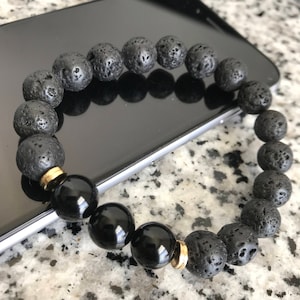 Lava Stone Bracelet, Diffuser Bead Bracelet, Lava Bead Bracelet, Black Onyx Bracelet, 10mm Beaded Bracelet, w/ Gold Accents