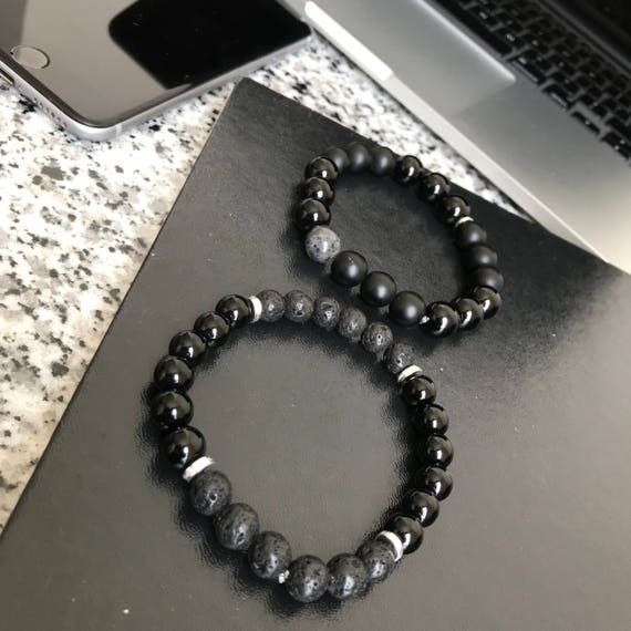 STONE BEAD BRACELET 8 MM MATTE BLACK W/SILVER STONE BEAD BRACELET 8 MM MATTE BLACK W/SILVER