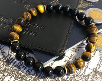 Pulsera unisex de cuentas de ojo de tigre y ónix negro, gema de 8 mm.