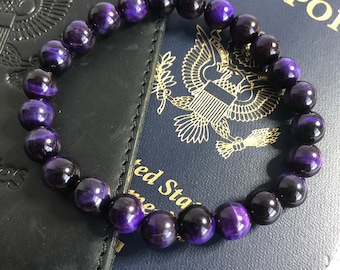 Purple Tigereye Bracelet, Purple Bead Bracelet, Purple Beaded Bracelet, Tigereye Beaded Bracelet, 8mm Beaded Bracelet, Unisex Bead Bracelet