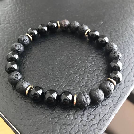 STONE BEAD BRACELET 8 MM DARK GREY W/GOLD STONE BEAD BRACELET 8 MM DARK GREY W/GOLD