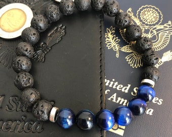 Lava Stone Bracelet, Blue Beaded Bracelet, Diffuser Bead Bracelet, Oil Diffuser Bracelet, Tigereye Beaded Bracelet, 8mm Beaded Bracelet