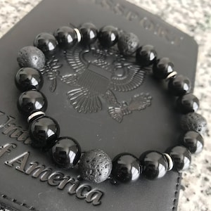 Mens Black Onyx Bead Bracelet - Black Beaded Bracelet, Onyx Stone Bracelet, Lava Stone Bracelet, 10mm Beaded Bracelet, w/ Silver Accents