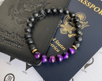 Purple Tigereye Bracelet, Faceted Onyx Bracelet, Purple Bead Bracelet, Womens Bead Bracelet, Mens Beaded Bracelet, 8mm Beaded Bracelet