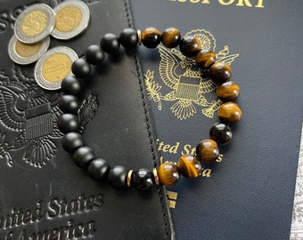Pulsera de cuentas de ónix negro mate y ojo de tigre - Joyería para hombre/mujer