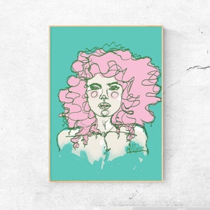 HUMAN MADE - Art Print - &quot;Pink Mermaid Curls&quot; by Anna Maria Garza, Pink Hair, Curly Hair, Pink Mermaid, Girl&#39;s Room, Salon Art, Mermaid Room