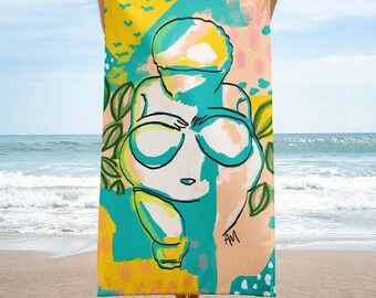 HAND DESIGNED - Beach Towel - Willendorf Beach by Anna Maria Garza, Venus of Willendorf, Fertility Goddess, Archaeology, Tropical vacation