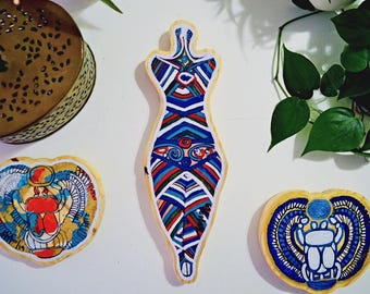 HANDMADE - Cucuteni Stripes by Anna Maria Garza- Original Painting on Wood, Woman of Cucuteni, Fertility Goddess, Bungalow, Gaia, Venus