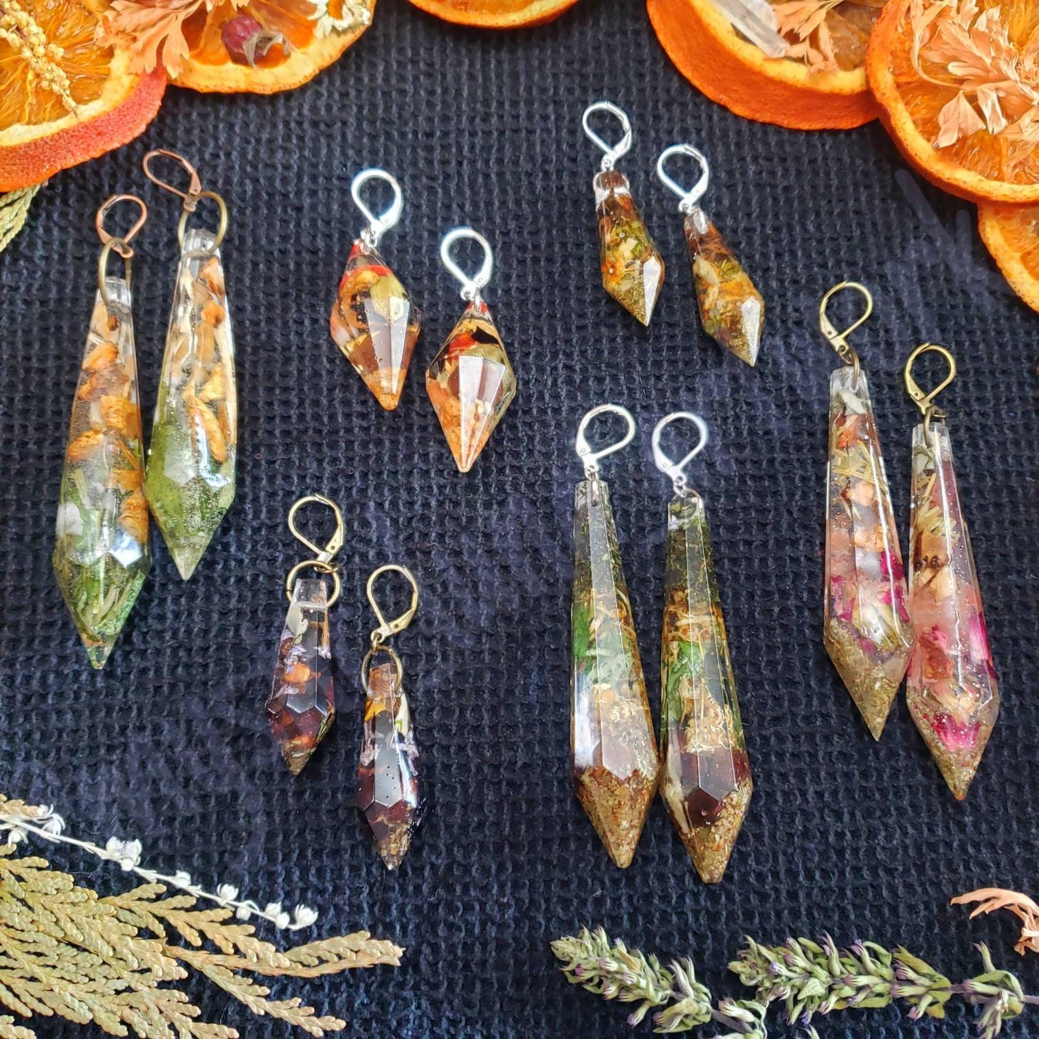 Herb filled Resin Spell Pendant Earrings. Witchy Earrings