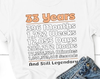 Camiseta de cumpleaños número 33 / Ideas para cumpleaños número 33 / Treinta y tres años / Legendario / 30 años / Regalo para el número 33 / Regalos de cumpleaños / Días, horas y minutos