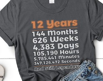 Puede incluir: Una camiseta gris antracita con el texto "12 Years" en naranja, seguida de una lista de medidas de tiempo en blanco: 144 meses, 626 semanas, 4.383 días, 105.190 horas, 5.785.441 minutos, 347.126.472 segundos y "And Still Legendary".