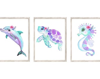 Girls Nursery Prints Under The Sea Nursery, Sea Life Sea Animals Print Set Turtle Seahorse Dolphin, Under The Sea Decor, Beach Decor