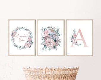 Girls Nursery Prints Floral Prints Floral Nursery Woodland Nursery Prints Wildflower Print Custom Print Set Name Print Girls Bedroom Prints