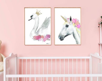 Meisjes Kamer Prints, Unicorn Nursery Print, Swan Nursery Print, Unicorn Art, Swan, Glitter Prints, Unicorn en zwaan print, Girls Nursery Print