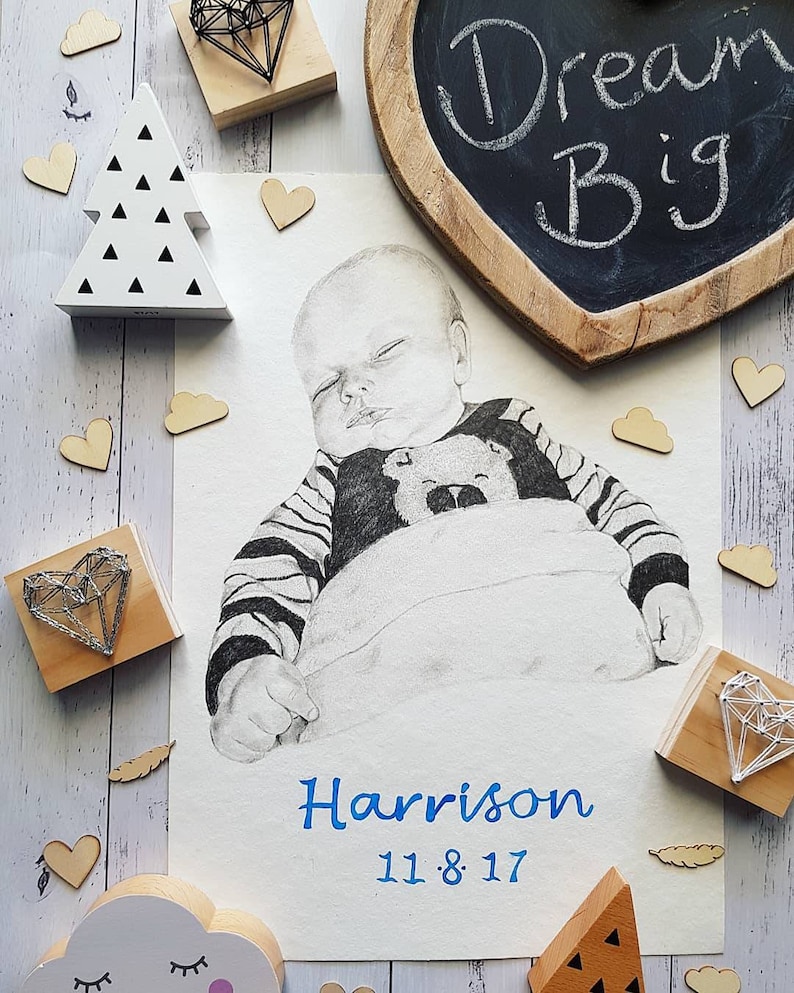 Baby Announcement Baby Drawing Birth Announcement Custom Portrait Pencil Portrait First Birthday Portrait Drawing Newborn Portrait