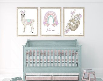 Girls Nursery Prints Sloth Nursery Print Llama Nursery Print Rainbow Print Sloth Print Set Custom Print Floral Nursery Flower Crown Animals