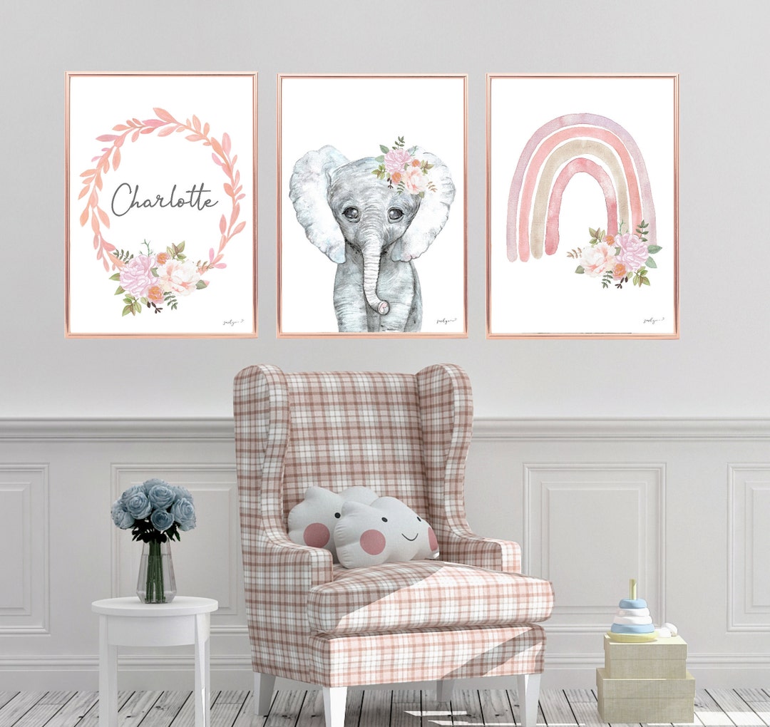 Elephant Print Set Floral Nursery Prints Girls Nursery Prints Rainbow ...