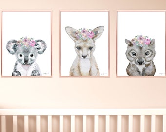 Australian animal prints Australian nursery prints Girls Nursery Prints Koala Kangaroo Wombat Australian Flower crown animals Floral Prints