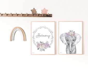 Girls Nursery Prints Elephant Print Flower Crown Animal Prints Animal Nursery Prints Elephant Nursery Floral Nursery Girls Bedroom Print Set