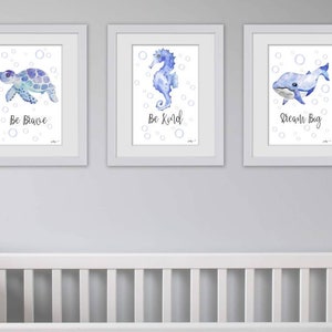 Ocean Art, Nautical Nursery Art, Under The Sea Nursery Prints, Whale Seahorse Turtle, Beach Decor, Beach Art Set, Nursery Ocean Art