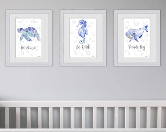 Ocean Art, Nautical Nursery Art, Under The Sea Nursery Prints, Whale Seahorse Turtle, Beach Decor, Beach Art Set, Nursery Ocean Art