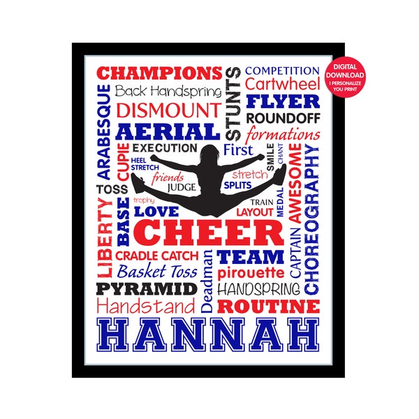 Cheerleading Poster, Cheerleading Typography, Personalised Cheerleading Poster, Cheerleading Gift, Cheerleading Art, Digital Download