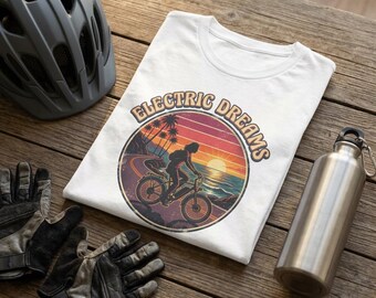 Electric Dreams solnedgångscyklist-t-shirt | vintage strand palmcykeldesign