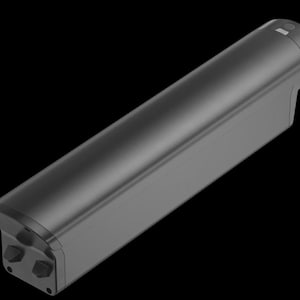 Op de afbeelding: Een donkergrijs, cilindrisch object met een rechthoekig lichaam en afgeronde uiteinden. Het object heeft een gladde, metalen afwerking en lijkt een batterij of stroomcomponent te zijn. Het heeft een kleine knop en twee zeshoekige kenmerken.
