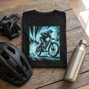 Puede incluir: Una camiseta negra con un estampado gráfico de un ciclista en una bicicleta de montaña con líneas de movimiento en tonos cian y blanco. La camiseta se muestra junto a un casco de bicicleta negro, un par de guantes grises y negros y una botella de agua plateada.