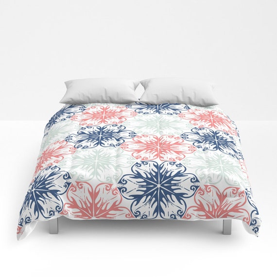 Floral Duvet Cover Comforter Pattern Navy Blue Coral Pale Etsy