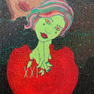 May include: An artistic painting featuring a green-skinned figure with colorful hair and red lips. The figure's hands rest on a large red shape with the Roman numeral XXI. The background is a starry night with a second, faded figure.