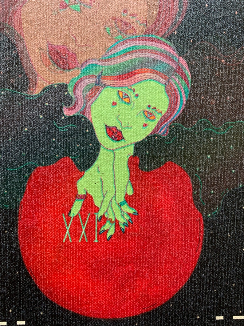 May include: An artistic painting featuring a green-skinned figure with colorful hair and red lips. The figure's hands rest on a large red shape with the Roman numeral XXI. The background is a starry night with a second, faded figure.