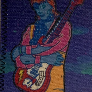 May include: A colorful illustration of a figure with blue skin, wearing a pink jacket and orange pants, holding a red and white electric guitar. The background is a dark blue with white specks.