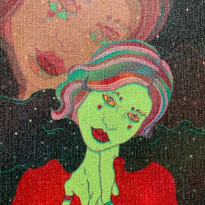 May include: An artistic painting featuring a green-skinned figure with red lips, wearing a red top, and holding hands. The figure has colorful hair and is adorned with rings. A second, similar figure is in the background. The background is black with white dots.