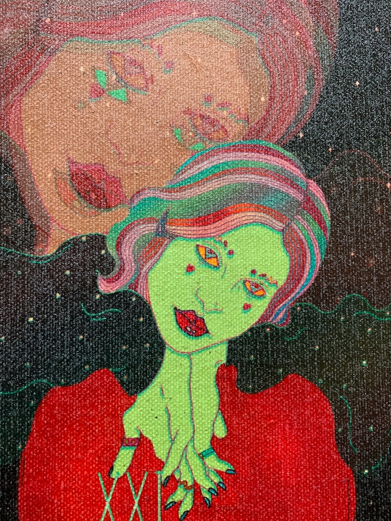 May include: An artistic painting featuring a green-skinned figure with red lips, wearing a red top, and holding hands. The figure has colorful hair and is adorned with rings. A second, similar figure is in the background. The background is black with white dots.