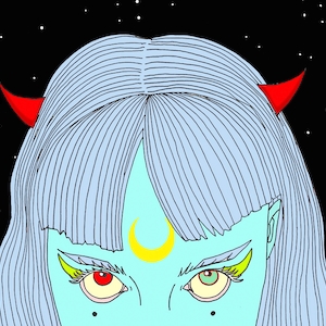 May include: A digital illustration of a figure with light blue skin and long light blue hair featuring two small red horns. The figure has a yellow crescent moon on the forehead, yellow eyeliner, and mismatched red and green eyes against a black starry background.