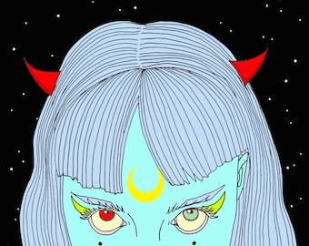 May include: A digital illustration of a figure with light blue skin and long light blue hair featuring two small red horns. The figure has a yellow crescent moon on the forehead, yellow eyeliner, and mismatched red and green eyes against a black starry background.