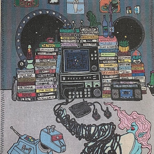 May include: A colorful illustration featuring a retro-futuristic theme. It depicts a stack of VHS tapes, a vintage television, and a cassette player. A blue robot dog and a figure with pink hair and blue skin are also present. The artwork includes the text "HANG IN THERE!"