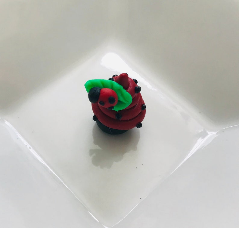 Pode incluir: Um cupcake vermelho e preto em forma de joaninha com folhas verdes no topo. O cupcake &eacute; decorado com granulado preto.