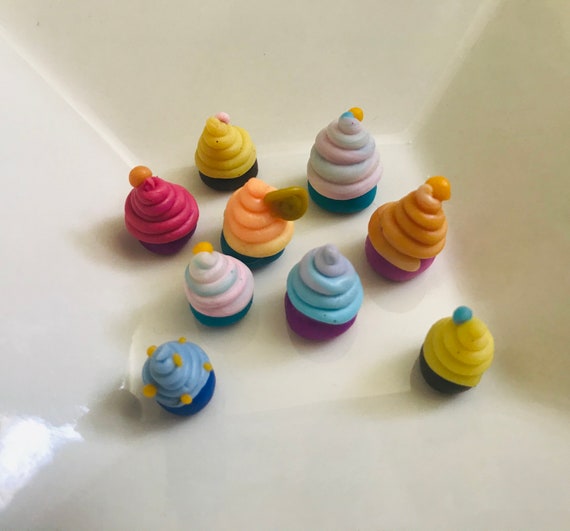 Miniature Clay Cupcake, Polymer Clay Cupcake, Dollhouse food, mini food, Purple cupcakes, blue cupcakes, yellow cupcakes, Pastel Cupcakes