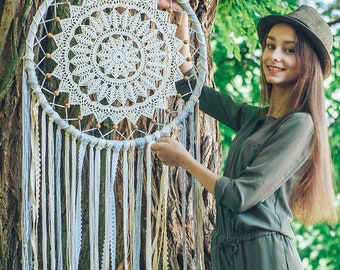 Large Crochet Doily Dreamcatcher, Boho Nursery Decor