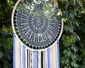 Large Blue Crochet Dreamcatcher, Boho Nursery Decor