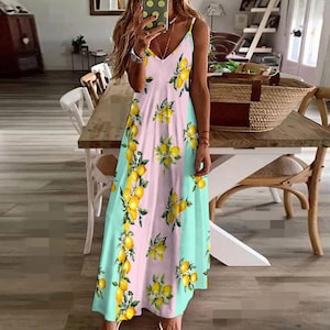 Pink and blue Summer lemon,Sling Ankle Long Dress