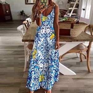 Blue Italian majolica lemon  summer,Sling Ankle Long Dress