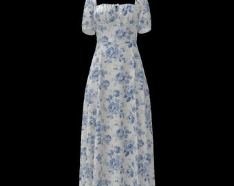 Blue,porcelain,blue china,floral toile,chinoiserie,roses,All-Over Print Square Neck Split Thigh Puff Sleeve Dress