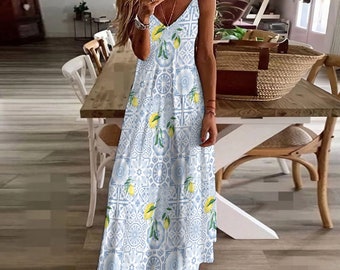 Amalfi style,summer,lemon,Mediterranean,Sling Ankle Long Dress