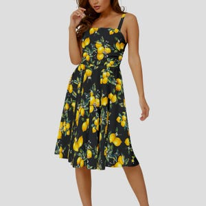Lemon citrus summer Mediterranean,Sleeveless Square Neck Flare Hem Midi Dress