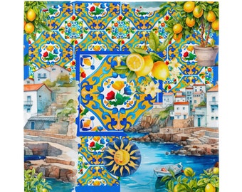 Summer,Sicilian,majolica, mosaic art ,lemon, Unisex Silk Bandana